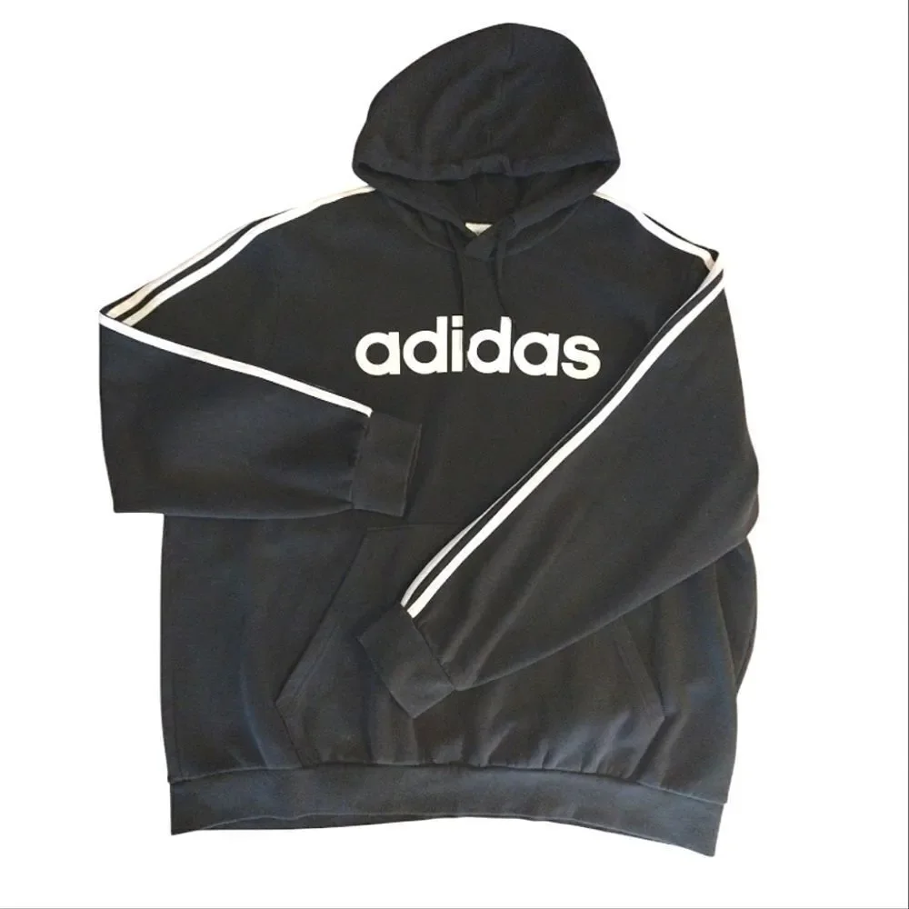 ADIDAS Black White Essentials Three Stripes Logo‎ Pullover Hoodie Men's XXL